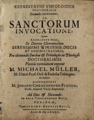 Exercitatio Theologica Prior kataskeuastikē, De Sanctorum Invocatione : Ex Matthaei cap. IV. vers. 10. Eaque Solennis & Inauguralis Pro Loco, In Facultate Theologica, rite obtinendo
