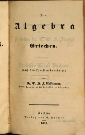 Versuch einer kritischen Geschichte der Algebra, 1. Die Algebra der Griechen