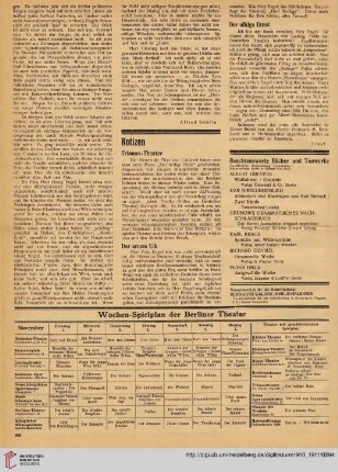 Notizen / Beachtenswerte Bücher und Tonwerke / Wochen-Spielplan der Berliner Theater