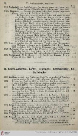 III. Städte-Ansichten, Karten, Grundrisse, Schlachtbilder, Einblattdrucke (Nr. 1333 - 1804)