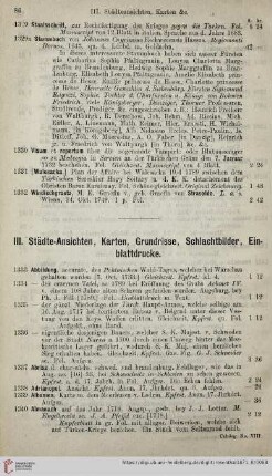 III. Städte-Ansichten, Karten, Grundrisse, Schlachtbilder, Einblattdrucke (Nr. 1333 - 1804)