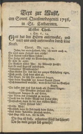 Text zur Musik, am Sonnt. Quasimodogeniti 1756, in St. Catharinen