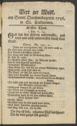 Text zur Musik, am Sonnt. Quasimodogeniti 1756, in St. Catharinen