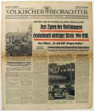 Fragment der Tageszeitung "Völkischer Beobachter" u.a. über die Grundsteinlegung für den Bau des "Volkswagen"-Werkes