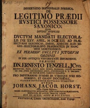 Diss. inaug. iur. de legitimo praedii rustici possessore Saxonico