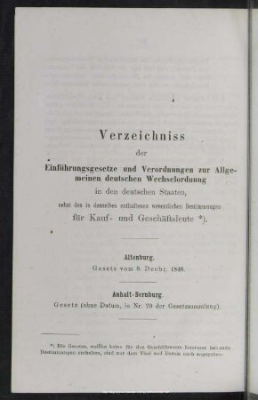 Verzeichniss der Einführungsgesetze und Verordnungen zur Allgemeinen deutschen Wechselordnung