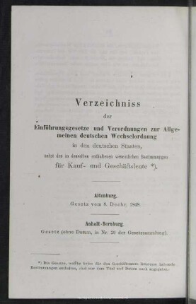 Verzeichniss der Einführungsgesetze und Verordnungen zur Allgemeinen deutschen Wechselordnung
