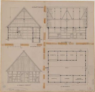 Sabbenhausen (Kreis Detmold): Hof Schomeier. Haupthaus (Grundriss, Südostansicht, Schnitte)