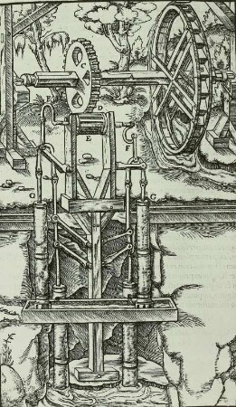 Kunstgezeug mit zweimal zwei Saugsätzen. Legende: A Die obere Welle B Das Wasserrad, das durch Bachwasser getrieben wird C Das Zahnrad D Die untere Welle E Das Getriebe F Die Krummzapfen G Die Gruppen von Pumpensätzen : Kunstgezeug mit zweimal zwei Saugsätzen. Legende: A Die obere Welle B Das Wasserrad, das durch Bachwasser getrieben wird C Das Zahnrad D Die untere Welle E Das Getriebe F Die Krummzapfen G Die Gruppen von Pumpensätzen. Repro aus: Agricola, Georgius: De re metallica liber sextus, Seite 147, Basel 1556