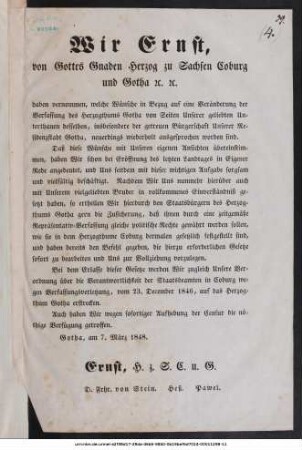 Wir Ernst, von Gottes Gnaden Herzog zu Sachsen Coburg und Gotha ... : Gotha, am 7. März 1848