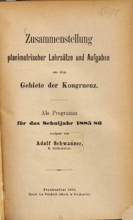 Zusammenstellung planimetrischer Lehrsätze und Aufgaben aus dem Gebiete der Kongruenz