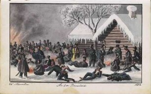 'An der Beresina - 28.Nov. 1812' lagernde Soldaten; Aquarell
