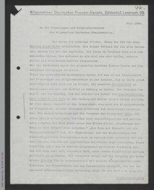 Rundschreiben von Dorothee von Velsen und M[athilde] Drechsler an die Ortsgruppen und Mitgliedsvereine des ADF
