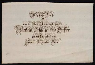 [Wahrhafte Abriße Derer um die Stadt Nürnberg liegenden Städtlein, Schlösser und Dörffer]