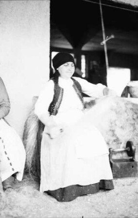 Bukarest: Ausstellung, Weben: Wollkämmerin alte Frau