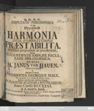 Disputatio Philosophica In qua Hypothesis De Harmonia Inter Animam Et Corpus Praestabilita Breviter proponitur ac ponderatur