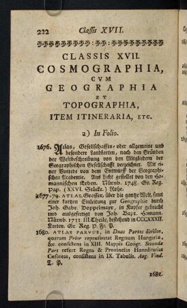 222-246, Classis XVII. Cosmographia, cum Geographia et Topographia, Item Itineraria, etc.
