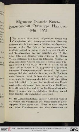 Allgemeine Deutsche Kunstgenossenschaft Ortsgruppe Hannover 1856 - 1931