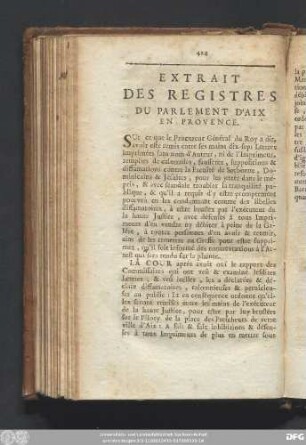 Extrait Des Registres Du Parlement D'Aix En Provence.