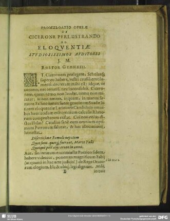 Promulgatio Operae De Cicerone Perlustrando Ab Eloquentia Studiosissimos Auditores J. M. Rhetor Gymnasii
