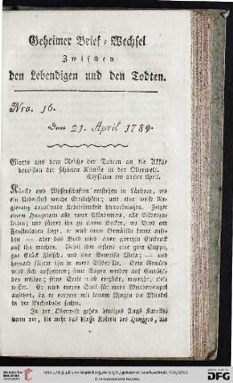 Geheimer Brief-Wechsel zwischen den Lebendigen und den Todten Nro. 16