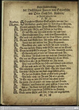 Letzte Unterredung der Hochseligen Frauen von Schönfeldt mit Dero HochAdl. Kindern