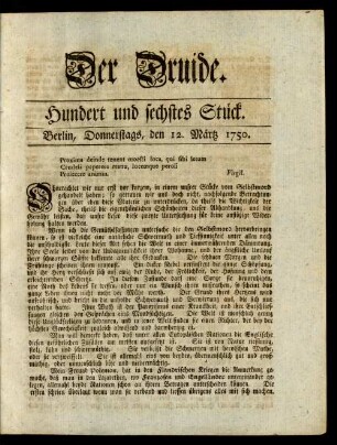Hundert und sechstes Stück. Berlin, Donnerstags, den 12. Märtz 1750