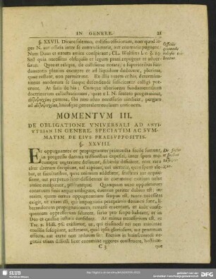 Momentum III. De Obligatione Universali Ad ΑΝΤΙΨΥΧΙΑΝ In Genere. Speciatim Ac Summatem De Eivs Praesuppositis