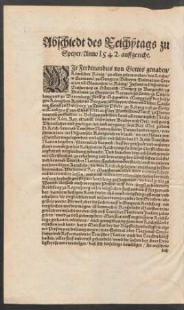 Abschiedt des Reichßtags zu Speyer/ Anno 1542. auffgericht.