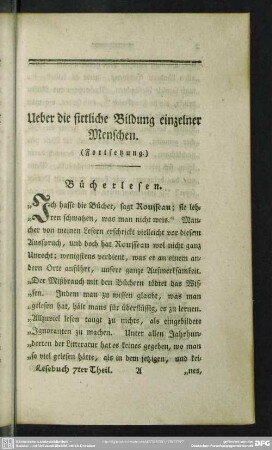 Ueber die sittliche Bildung einzelner Menschen (Fortsetzung) : Bücherlesen