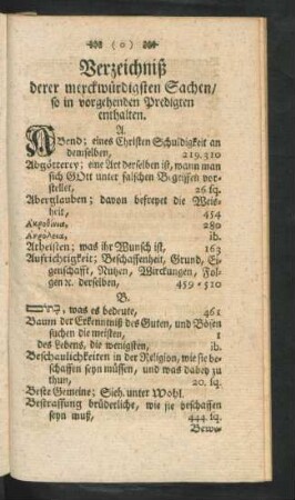 Verzeichniß derer merckwürdigsten Sachen, so in vorgehenden Predigten enthalten.