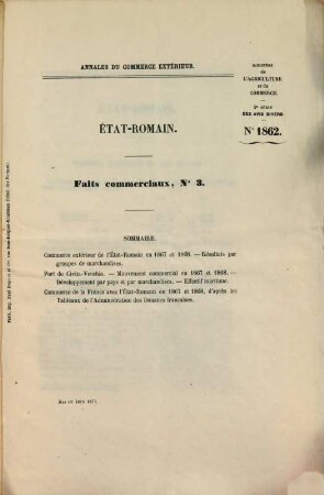 Annales du commerce extérieur. État-Romain. Faits commerciaux. 1/3. 1867/71