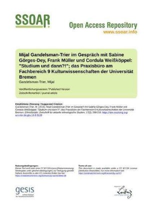 Mijal Gandelsman-Trier im Gespräch mit Sabine Görges-Dey, Frank Müller und Cordula Weißköppel: "Studium und dann?!"; das Praxisbüro am Fachbereich 9 Kulturwissenschaften der Universität Bremen