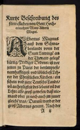 Kurtze Beschreibung des fürtreflichen von Gott Hocherleuchten Mans Alberti Magni.