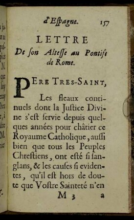 Lettre De son Altesse au Pontife de Rome