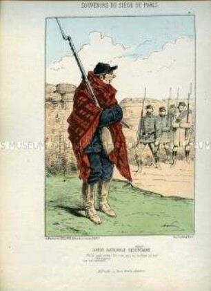 Karikatur, Soldat der "Sesshaften" National-Garde betrachtet in eine Decke gehüllt eine Patrouille, Frankreich 1870. Tafel 4 aus: Souvenirs du Siège de Paris. Les Défenseurs de la Capitale.