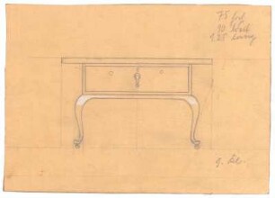 Entwurf eines Schreibtischs : Vorderansicht eines Schreibtischs mit geschwungenen Beinen und Rollen, ein Schubfach; handschriftliche Anmerkungen; signiert