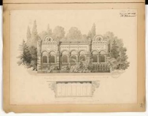 Erbbegräbnis Frenkel auf dem jüdischen Friedhof, Berlin-Weißensee Monatskonkurrenz September 1882. (1. Wettbewerb): Grundriss 1:50, Aufriss Vorderansicht 1:25; Maßstabsleiste