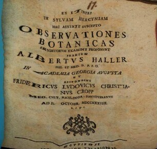 Ex Itinere In Sylvam Hercyniam Hac Aestate Svscepto Observationes Botanicas Ervditorvm Examini Proponvnt