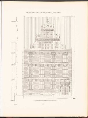 Gemeindeschule in der Waldemarstraße, Berlin: Ansicht, Fassadenschnitt vertikal Lehrerwohnhaus (aus: Neubauten der Stadt Berlin, Bd. III, 1904)