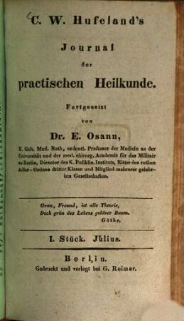 C. W. Hufeland's Journal der practischen Heilkunde. 87, 87 = Bd. 4. 1838
