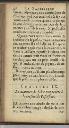 Chapitre IX. La maniere de faire une tourte á la cresme de Pastissier