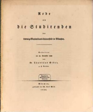Rede an die Studirenden der Ludwig-Maximilians-Universität in München : Gehalten am 10. December 1838