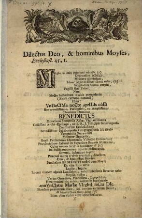 Musica in luctu importuna narratio ... Reverendissimus ... Dominus Benedictus Monasterii Seonensis Abbas Vigilantissimus ...