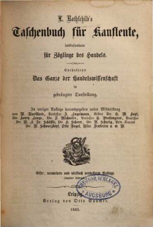 Taschenbuch für Kaufleute : insbes. für Zöglinge des Handels ; Enth. das Ganze der Handelswissenschaft in gedrängter Darstellung