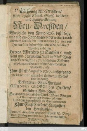 Uhrsprung Alt-Dreßden/ Auch jetziger Churfl. Sächs. Residenz und Haupt-Vestung Neu-Dreßden