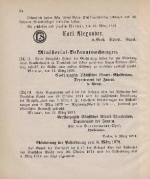 35. Ministerial-Bekanntmachung, die Abänderung der Postordnung vom 8. März 1879 betreffend