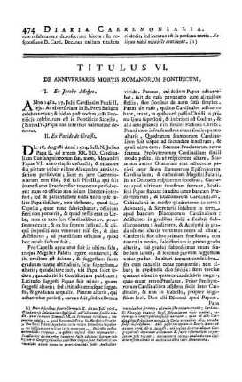 Titulus VI. De Anniversariis Mortis Romanorum Pontificum.