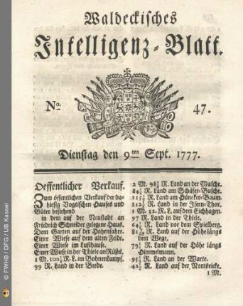 No. 47. Dienstag den 9ten Sept. 1777