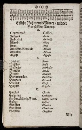 Etliche Nahmens-Wörter/ mit der Französischen Deutung.